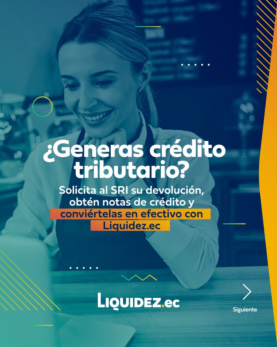LiquidezEc's tweet photo. ¿Generas crédito tributario? 🤔
✅ Si la respuesta es sí, te informamos que puedes solicitar la devolución al SRI y obtener notas de crédito.
💡Con @LiquidezEc puedes vender tus notas de crédito del SRI de forma ágil y segura.
Más información en https://t.co/ISjBzYbiYk https://t.co/KY8XiIqawP