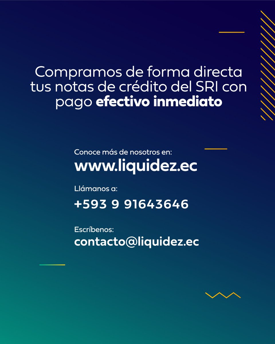 LiquidezEc's tweet photo. ¿Generas crédito tributario? 🤔
✅ Si la respuesta es sí, te informamos que puedes solicitar la devolución al SRI y obtener notas de crédito.
💡Con @LiquidezEc puedes vender tus notas de crédito del SRI de forma ágil y segura.
Más información en https://t.co/ISjBzYbiYk https://t.co/KY8XiIqawP
