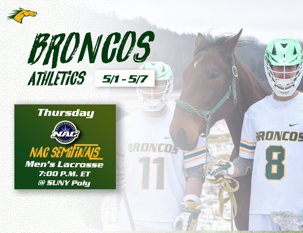 Only one event this week for Delhi athletics but it couldn’t be more important! <a href="/Delhilacrosse/">Delhi Men's Lacrosse</a> mounts up and heads out to SUNY Poly for the semifinal game in the North Atlantic Conference Tournament! They play Thursday at 7:00 PM! Let’s go Broncos! #delhidrive #horsepower