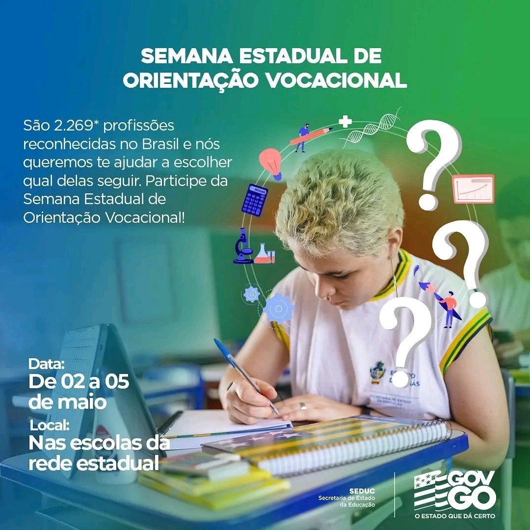 fatimagavioli's tweet photo. 🫵 Começa nesta terça-feira (02/05) a Semana Estadual de Orientação Vocacional. Esse período foi instituído pela Lei Estadual/GO nº 20.616/2019, com o propósito de ajudar os jovens goianos nas definições para o seu futuro e na escolha de sua profissão. https://t.co/w14vHqWZnH