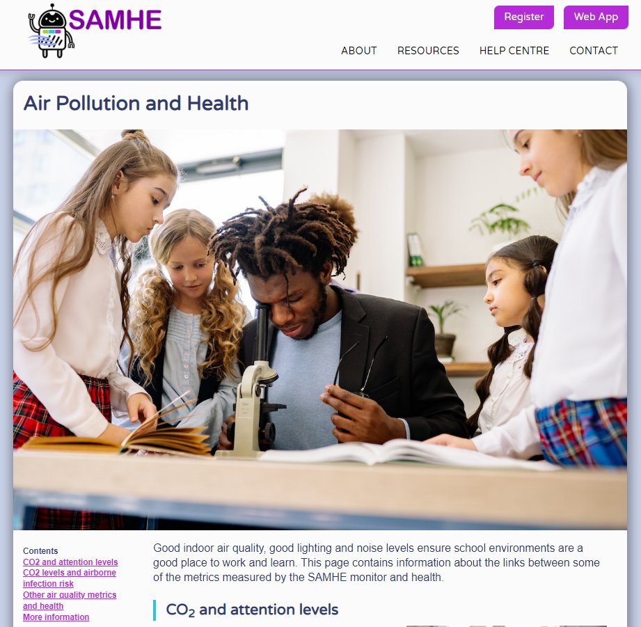 Asthma can be caused or worsened by poor #AirQuality. 
UK schools can sign up for #SAMHE to explore air quality in classrooms. 
Read more about #AirPollution and #health on our resources hub: samhe.org.uk/resources 
#WorldAsthmaDay