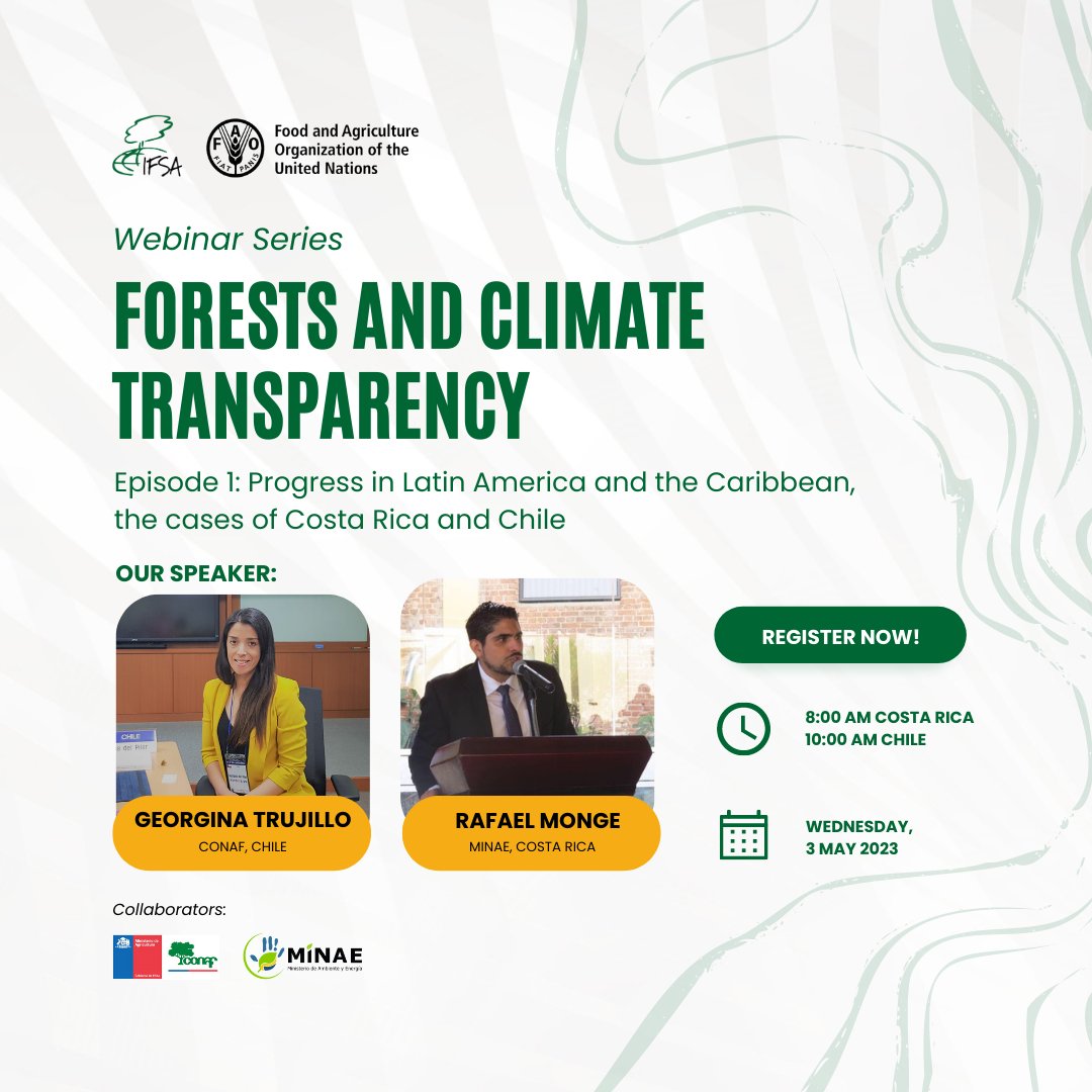 📢Join <a href="/FAO/">Food and Agriculture Organization</a> &amp; <a href="/IFSAdotnet/">International Forestry Students Association</a> for a Forests &amp; Climate Transparency webinar series!  

Episode 1: Progress in Latin America and the
Caribbean, the cases of Costa Rica and Chile. 
(in English) 

cc <a href="/CRMinae/">Ministerio de Ambiente y Energía de Costa Rica</a> <a href="/conaf_minagri/">CONAF - Corporación Nacional Forestal</a>

Register now: bit.ly/3V21DOR 

#Together4Transparency