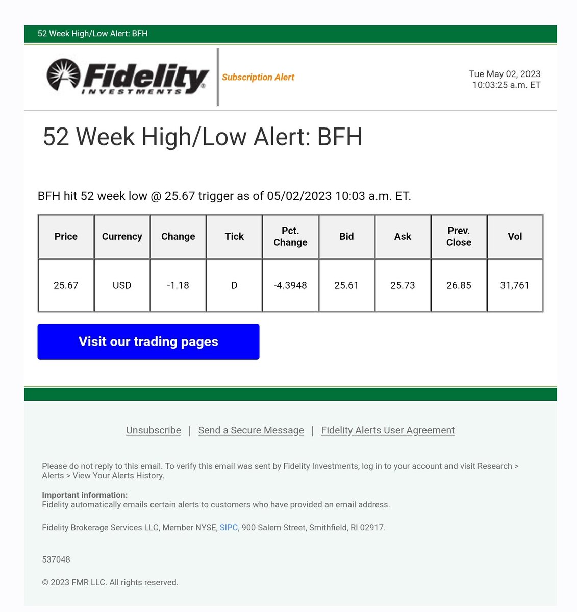 condemnity's tweet photo. Another 52-week low alert for $BFH.  I've been getting these with ever increasing frequency.  Down to 25.67.  So much winning lol!

#LifeAtBreadFinancial https://t.co/m9pEqkBKqV
