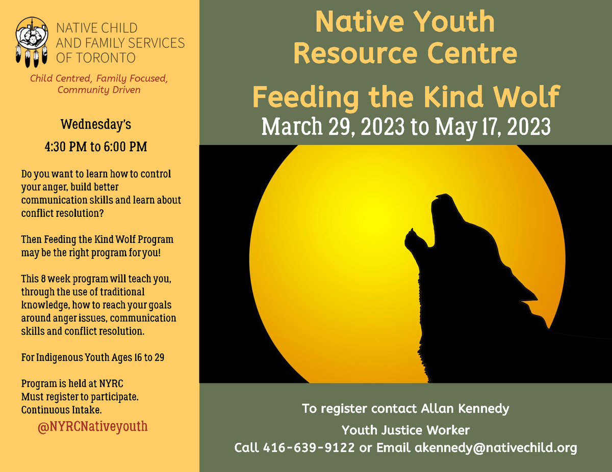 NCFST's tweet photo. Feeding the Kind Wolf Program teaches you how to reach your goals around anger issues, communication and conflict resolution.
Starting March 29 to May 17, 2023
Wed | 4:30PM to 6:00PM
Register with Allan - akennedy@nativechild.org
#NCFST
#NYRC
#IndigenousYouth https://t.co/tBs6U5rgpm
