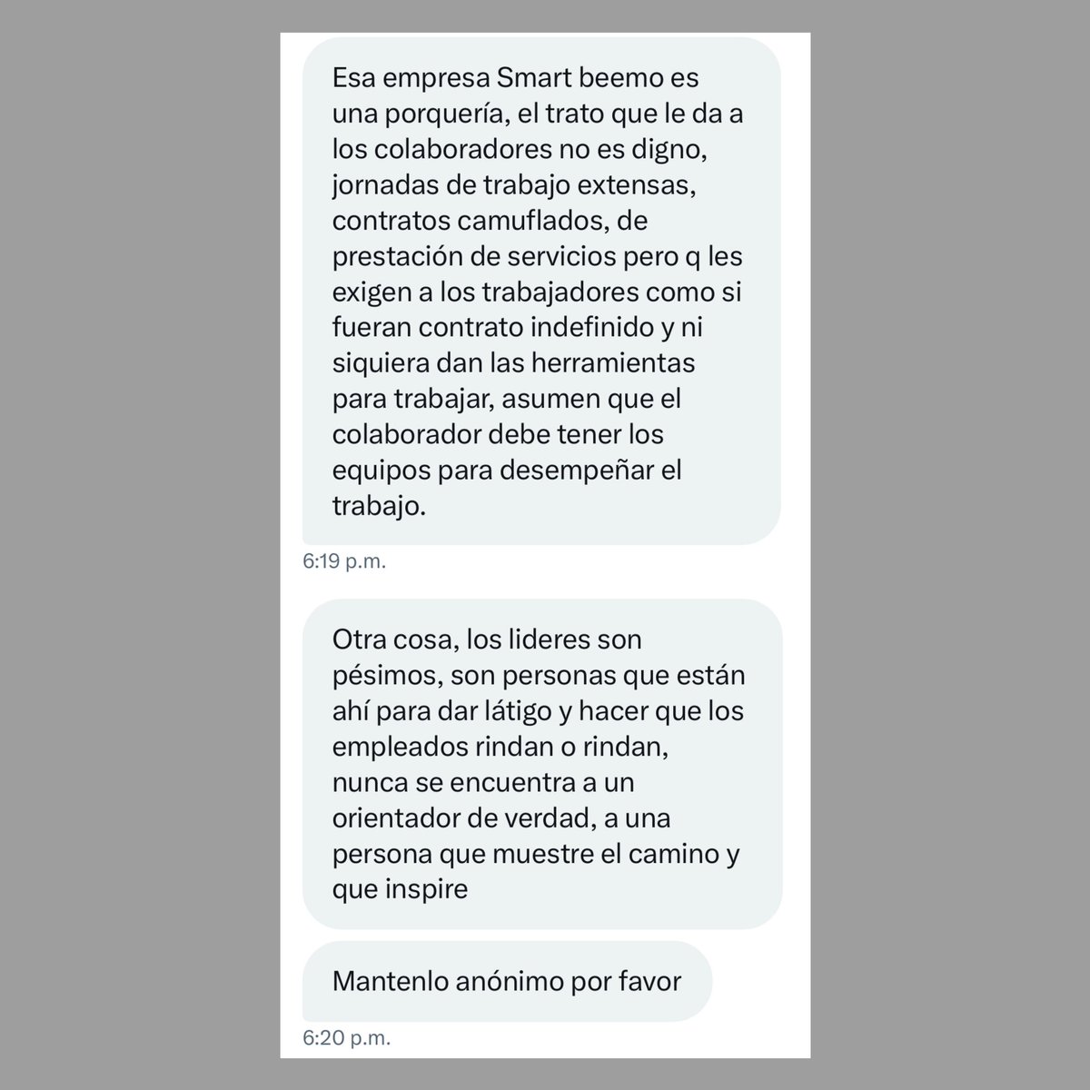NoMasSmartbeemo's tweet photo. Las denuncias a #smartBeemo continúan. Personas afectadas por el modelo ilegal de contratación y trato poco responsable que tienen hacia sus colaboradores. @MintrabajoCol, queremos respuestas sobre las denuncias que hemos presentado, incluso sobre las que ya han sido radicadas. https://t.co/n8MoVdJEdD