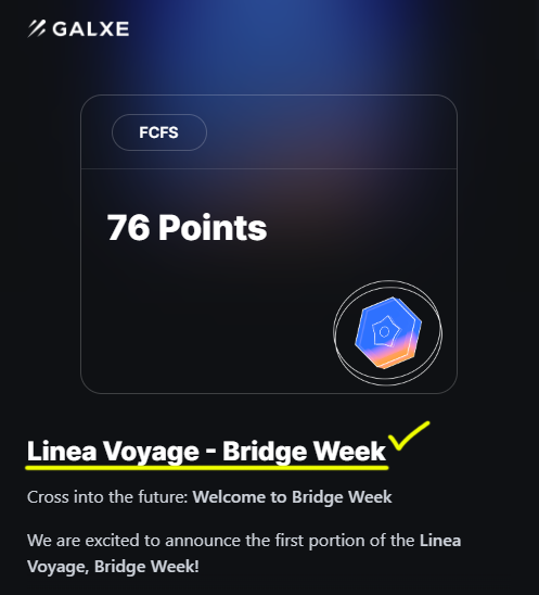 Claim Linea Voyage NFT 🎉🚀

galxe.com/Linea/campaign…

Complete all the given tasks and claim the NFT.

- Testnet tasks
- Valid till 7th May

For the next nine weeks the Linea team will release weekly challenges in partnership with Galxe.

Full info: linea.mirror.xyz/1JJPiWE-lrB_6N…