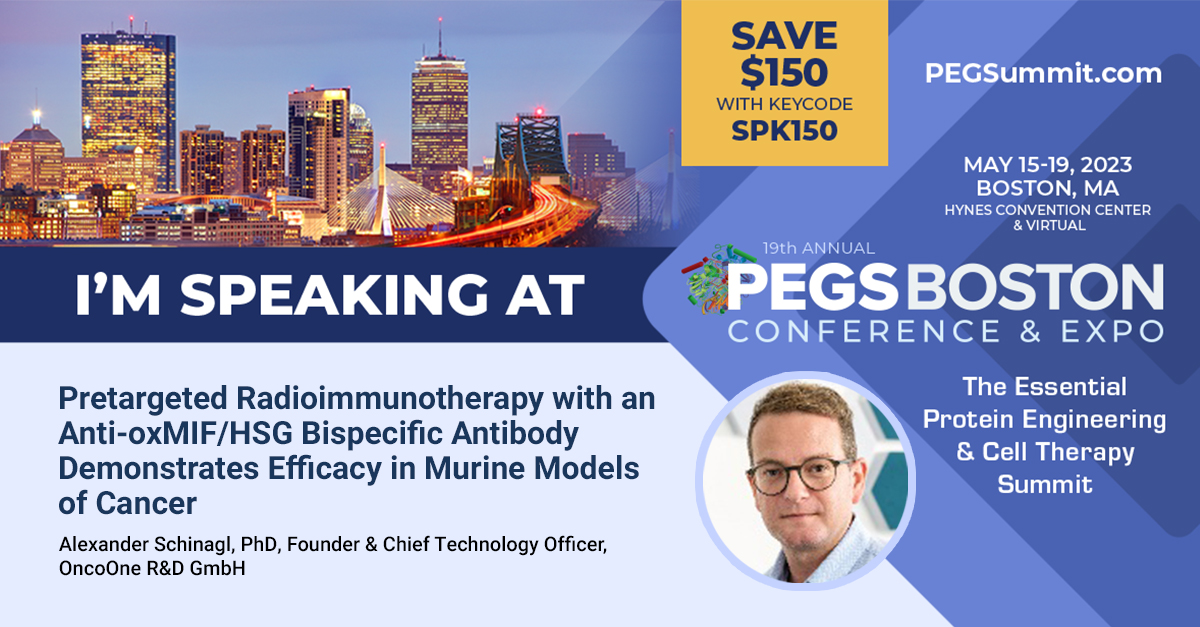 Excited to share OncoOne’s latest research on ' Pretargeted Radioimmunotherapy with an Anti-oxMIF/HSG Bispecific Antibody Demonstrates Efficacy in Murine Models of Cancer ' which will be presented by our CTO Alexander Schinagl at #PEGS23. Join him on Tuesday May 16 for his talk.