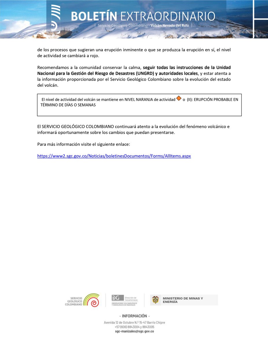 Boletín extraordinario del volcán Nevado del Ruiz - 02 de mayo 09:15 a.m. El nivel de actividad continúa en NARANJA 🔸
bit.ly/40R2fYY
#SGCVolcanes