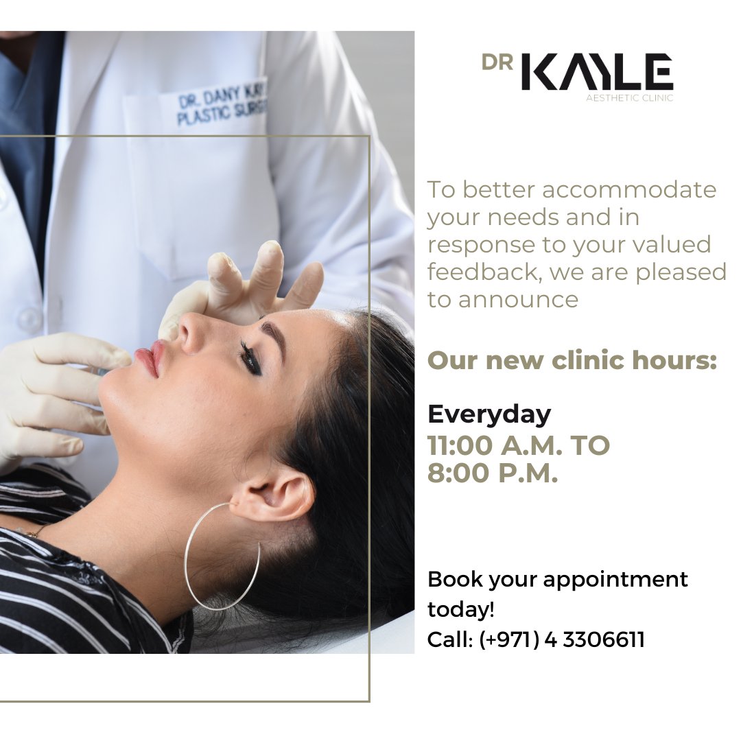 🌟 Exciting news! Dr. Kayle Aesthetic Clinic now offers extended hours: 11am-8pm daily! ✨ Indulge in premium aesthetic treatments at a time that suits you best. Book today and experience unparalleled beauty & self-care on your schedule! 💖 #NewHours #AestheticClinic