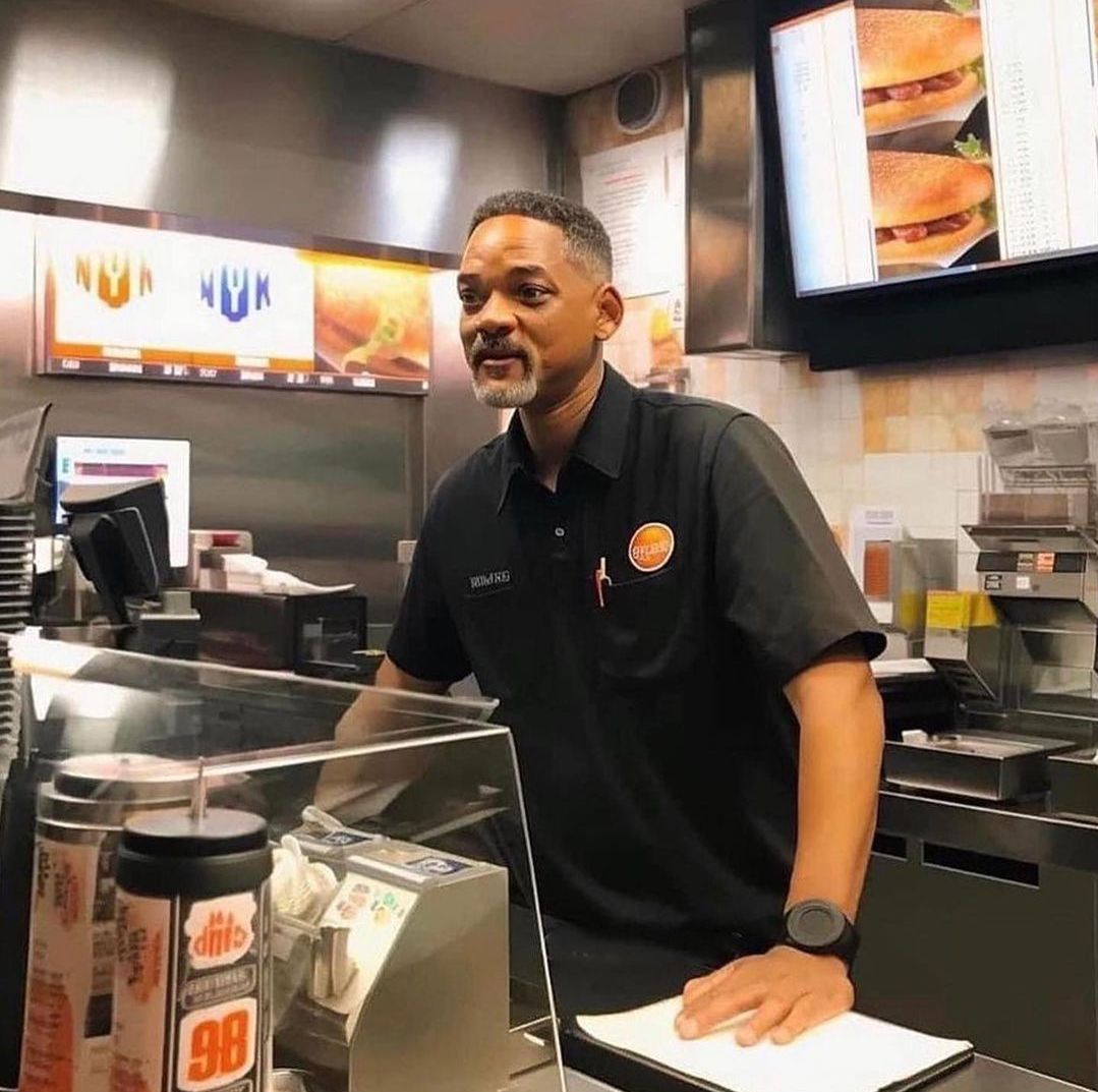 johnathonzamora's tweet image. AI imagines how celebrities would look like with ‘normal’ jobs:

1. Will Smith at a fast food restaurant