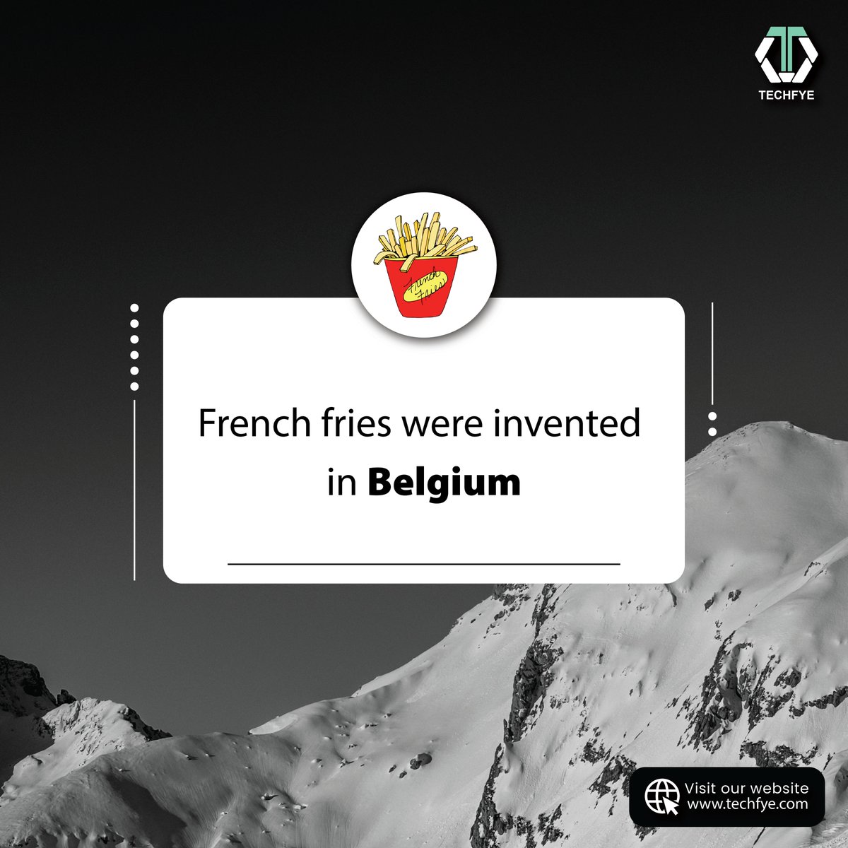 Techfyeinit's tweet image. TechFact Week

French fries were invented in Belgium.

#techfact #techfactory #techfactsmeaning #techfactsnews #techinterestingfacts #techfactcenter #solutions #problemsolver #issues #skills #ican #learningatwork #attitudeproblem #self #fries #frenchfries #belgiuminventedfries
