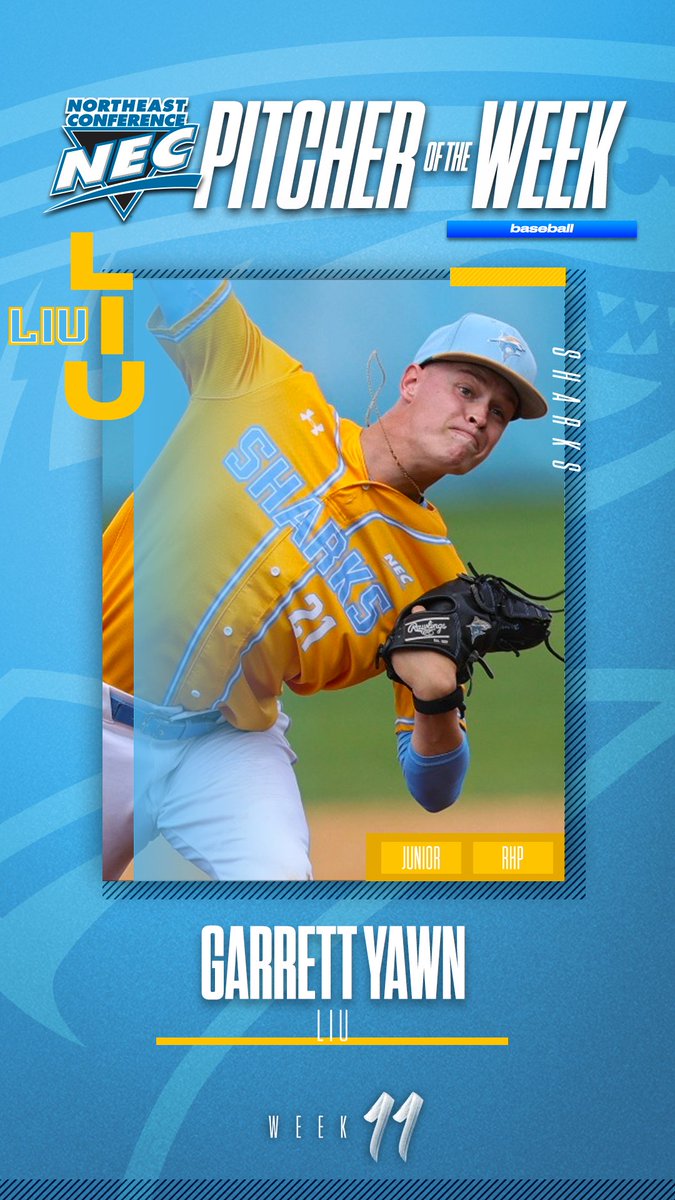 necbaseball's tweet photo. 🏅#NECbaseball Pitcher of the Week🏅

👉Garrett Yawn, @LIU_Baseball 

⚾️Yawn got the nod in game3⃣on Saturday against DSU in a 5-1 victory, for his5⃣th win from the mound. He tossed a complete game allowing4⃣hits,1⃣run, no walks &amp; fanned a career-high 11 batters for a 0.444 WHIP. https://t.co/K8MWloToTJ