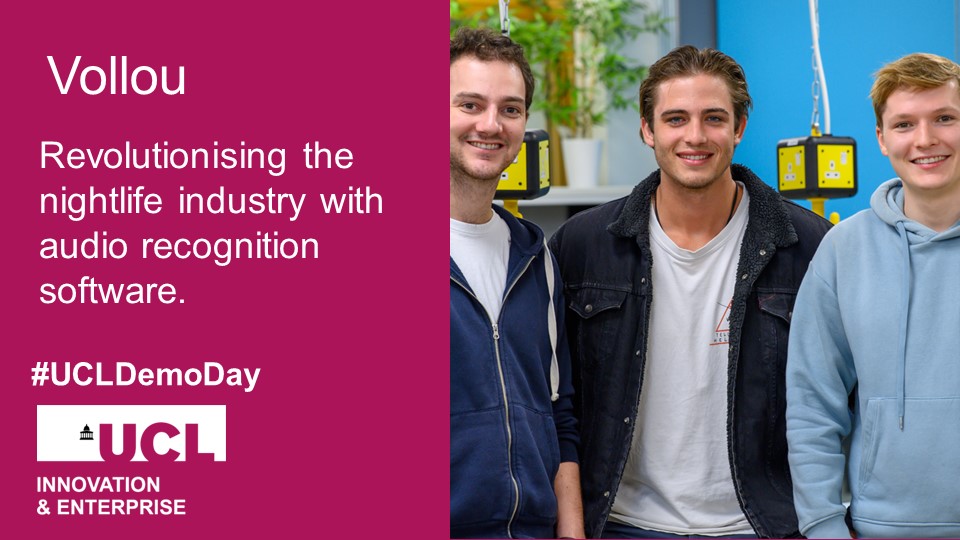 UCLEnterprise's tweet photo. Vollou pitched for investment at #UCLDemoDay last week. @vollou_app, cofounded by Andres Payne (BSc Information Management for Business), uses audio recognition to save music from parties.

Find out more about Vollou: https://t.co/aUiwj2mKO7

@UCLSoM @UCLEngineering https://t.co/Uy1gKChGNI