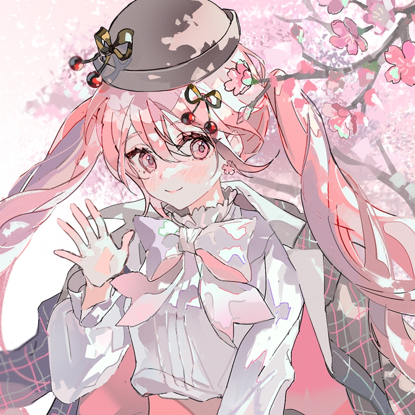 hatsune miku ,sakura miku 1girl pink hair cherry blossoms solo pink eyes long hair twintails  illustration images