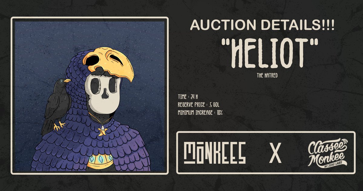 "Heliot" - The Harted  
as a 28/69 in the "Monkees" Series    

Auction Details  
Time : 24 H  
Reserve Price : .5 Sol  
Tick : .5 Sol 
Links Below :

#NFTs #SolanaNFT #Solana