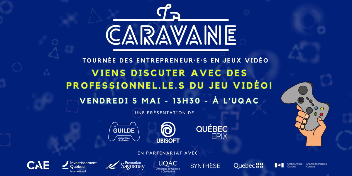 poleSYNTHESE's tweet photo. 🎮 Explorez avec nous les #carrières en jeux vidéo à la Caravane !  Les 5 et 6 mai prochains, nous invitons les étudiant·es en création numérique à nous rejoindre à la Caravane, la tournée des entrepreneur·es en jeux vidéo, au Saguenay-Lac-Saint-Jean ! 
https://t.co/iORDqPfty4 https://t.co/WaGZLN52Xt