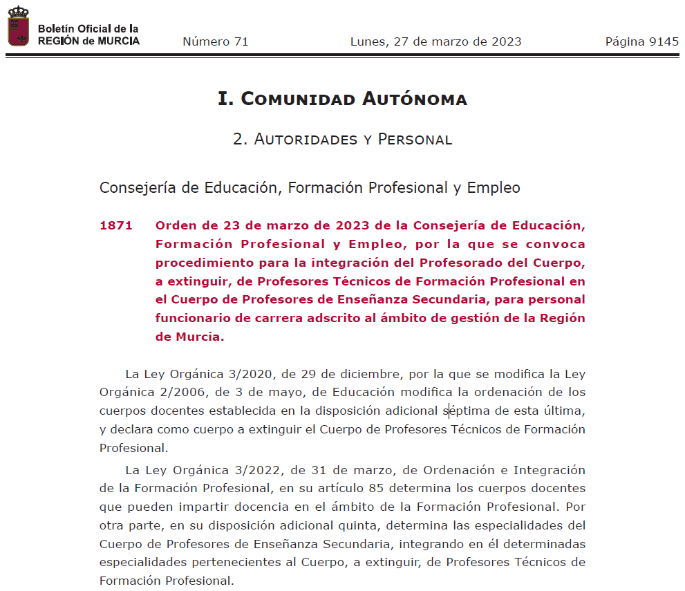 ProfesorJuanCar's tweet photo. ⬆️⬆️ Publicadas las listas provisionales del procedimiento para la integración del Profesorado del Cuerpo, a extinguir, de Profesores Técnicos de Formación Profesional en el Cuerpo de Profesores de Enseñanza Secundaria, para personal funcionario de carrera de la Región de Murcia. https://t.co/kKAsx5g2TS