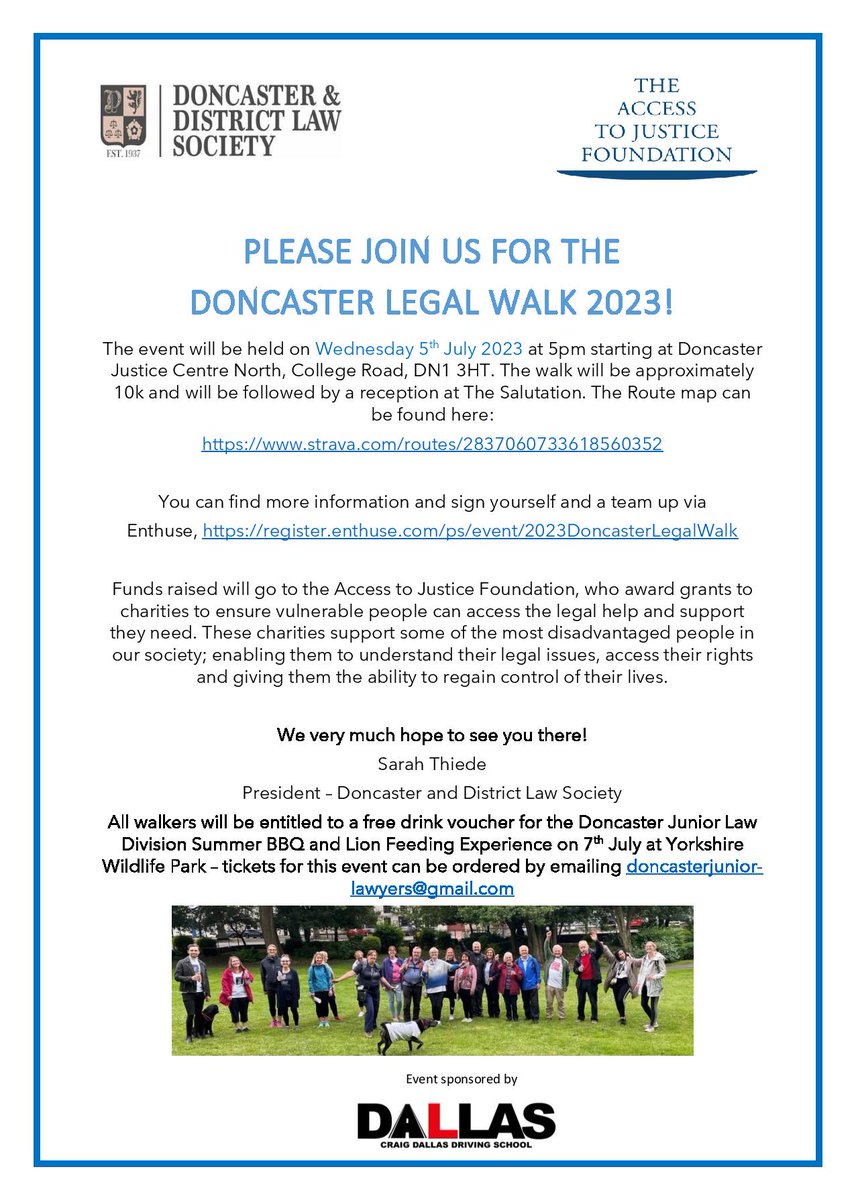Please join us for the Doncaster Legal Walk on 5th July, to raise funds for the Access to Justice Foundation Register your team here: register.enthuse.com/ps/event/2023D… To view our route map, visit: strava.com/routes/2837060…