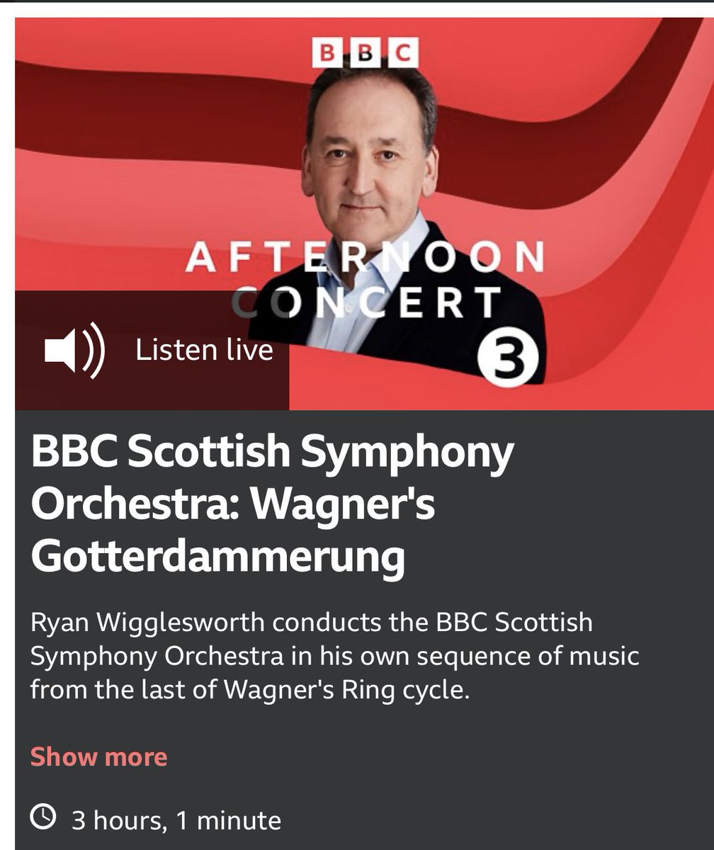 Tune in now to <a href="/BBCRadio3/">BBC Radio 3</a> to hear Ryan Wigglesworth’s arrangement of Götterdämmerung with me singing Brünnhilde’s Immolation Scene at the end. With <a href="/BBCSSO/">BBC Scottish Symphony Orchestra</a>  from Edinburgh’s Usher Hall #wagner #götterdämmerung #brünnhilde