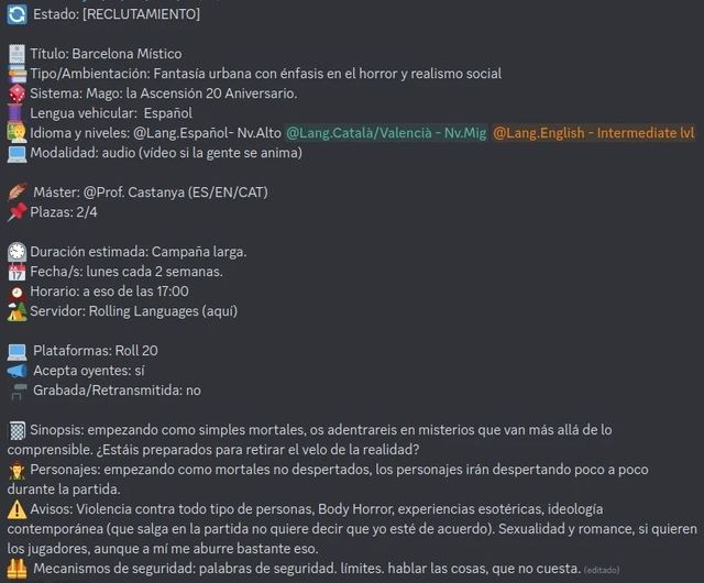 RollingLanguags's tweet image. ¡Campaña busca gente para jugar! 🎲🪄
Tenemos dos plazas disponibles para jugar esta campaña de Mago: La Ascensión con tintes de fantasía urbana, horror y realismo social, desarrollada en Barcelona. 
#magolaascensión #practicacatalà #practicaespañol #practiceenglish #ttrpg