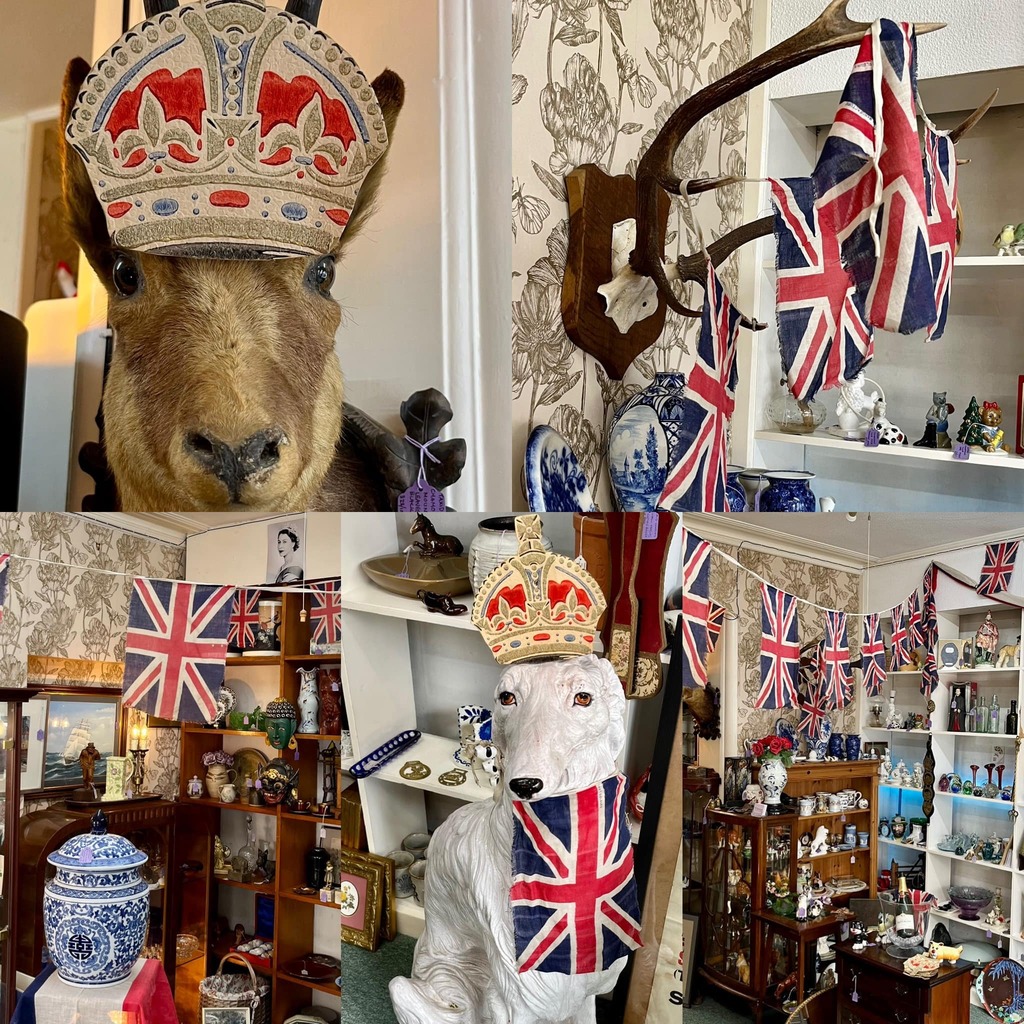 violetantiques's tweet photo. Violet Antiques ready for the Coronation. This bunting is seeing the light for the first time in 70 years!
#vintage #coronation #kingcharles #streetparty #celebration #GodSaveTheKing #history #unionjack #bunting https://t.co/YJ9mdRTjCi https://t.co/Esh4vnMLvB