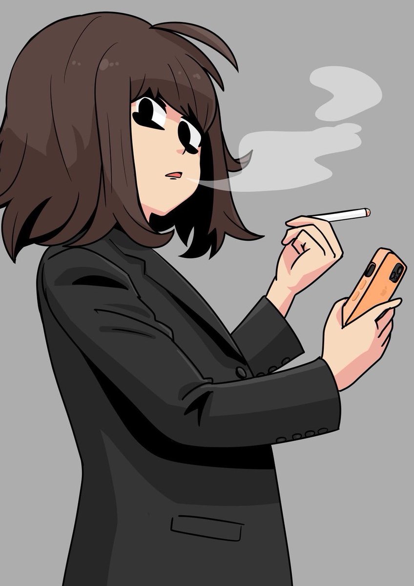 solo cigarette holding brown hair 1girl grey background black eyes  illustration images
