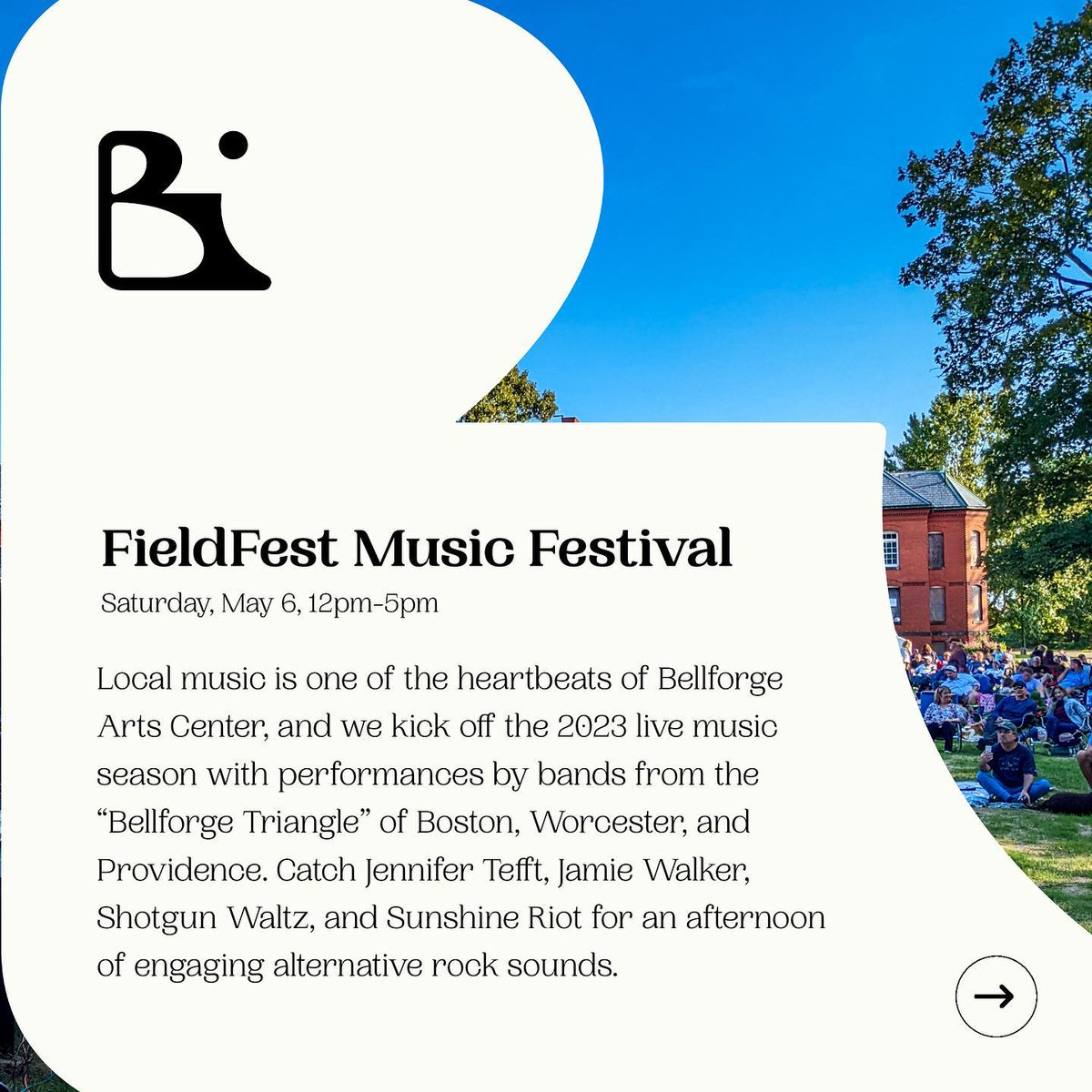 This Saturday! We’re playing live at the FieldFest Music Festival at Bellforge Arts Center in Medfield, the site of an old state hospital. 

It’s FREE, all-ages, and there will be food trucks. Come party. Get all the info at bellforge.org. 

📷 <a href="/bellforgearts/">Bellforge</a>