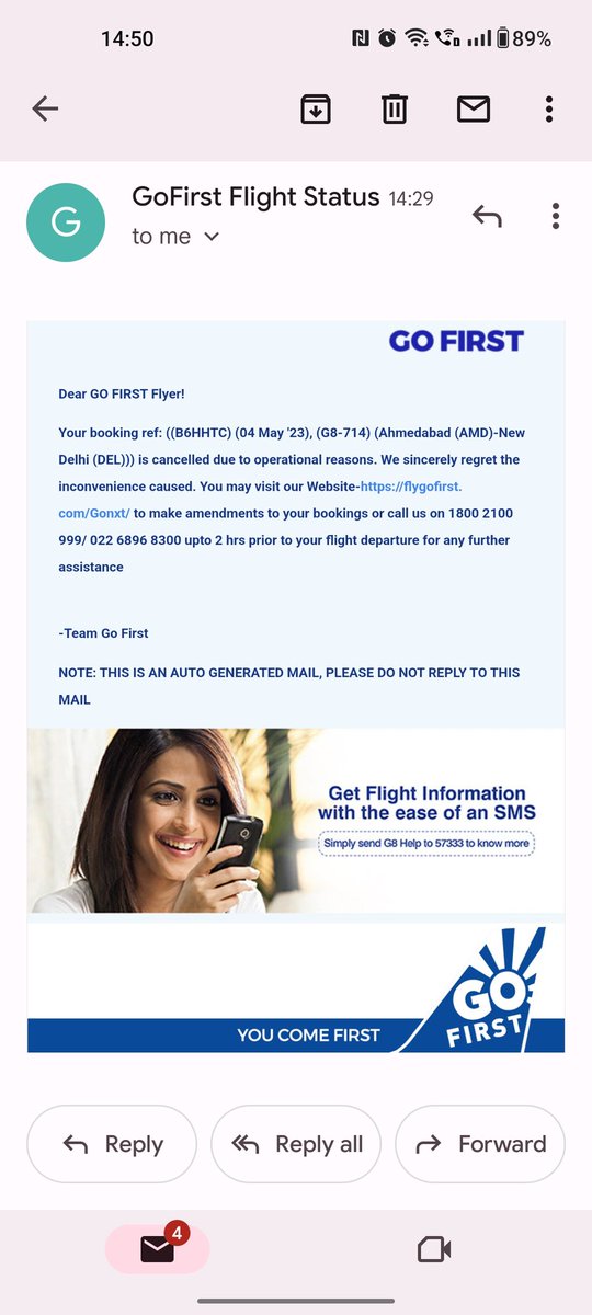 tarun_d83's tweet photo. Disgusting flight had Booked 6 months ago and today @GoFirstairways informs that the flight is cancelled…. #GoFirst #GoFirstAirlines https://t.co/9bHCyqvvch