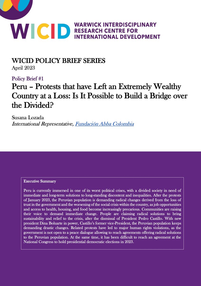 We are delighted to announce the launch of #WICIDPolicyBriefSeries🎉 Our first brief by Susana Lozada @colliderazgo proposes recommendations drawing on the political crises in Peru. The brief is published here in both English AND Spanish versions: warwick.ac.uk/fac/soc/pais/r…