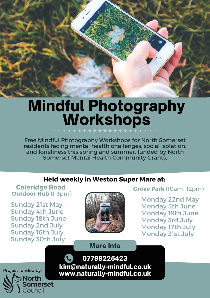 mindfullykim's tweet image. 🌿Attention North Somerset residents!🌿

Free Mindful Photography Workshops for individuals experiencing mental health challenges, social isolation &amp;amp; loneliness. Limited places, sign up now: naturally-mindful.co.uk/referral-form @CAB_NSomerset @HealthwatchNS @rural_north  #northsomerset