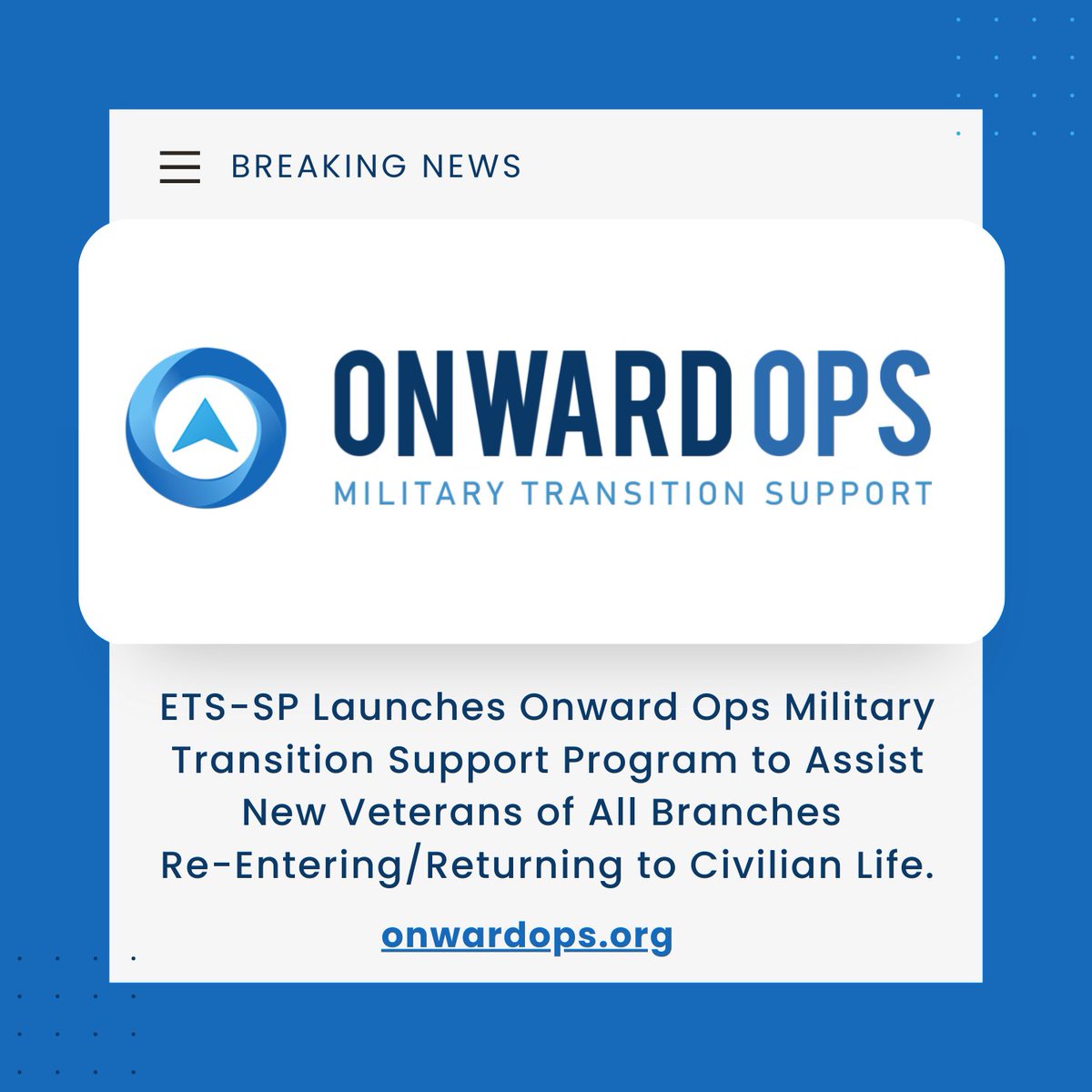 We are excited to announce the launch of the Onward Ops military transition support program. Building on six years of supporting those departing the military, this new program powered by ETS Sponsorship Created by Vets for Vets. #onwardops #etssponsorship ow.ly/eFw550O8Qs1