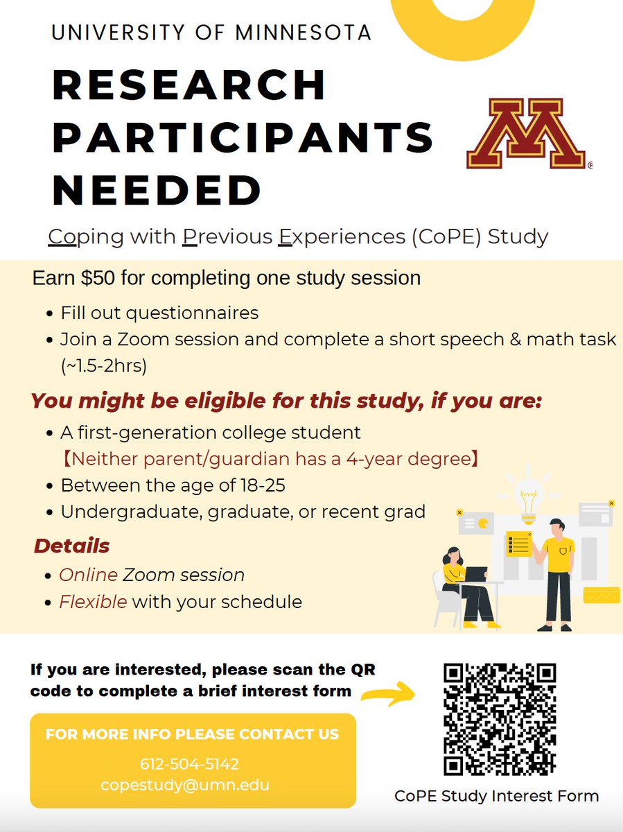 We are still recruiting #firstgen students age 18-25 across the US for this fully online study! Interested? Fill out this form ➡️ redcap.link/cope Please share widely! #college #FGLI #firstgeneration #firstgen