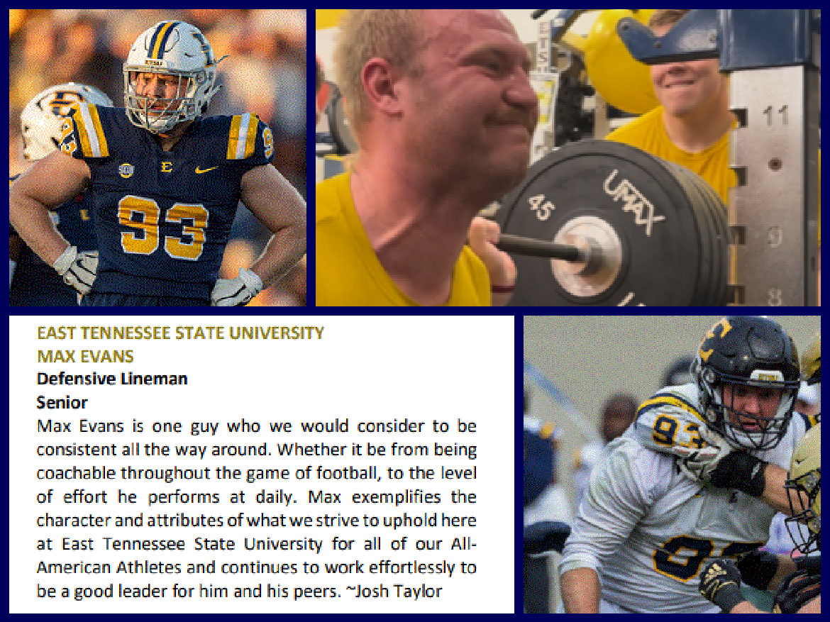 Congrats to ETSU Football Players Max Evans &amp; Jacob Saylors on being named NSCA Strength All Americans. The National Strength and Conditioning All-America award is given to student-athletes based on athletic accomplishments &amp; dedication to strength &amp; conditioning. #ETSU #Develop