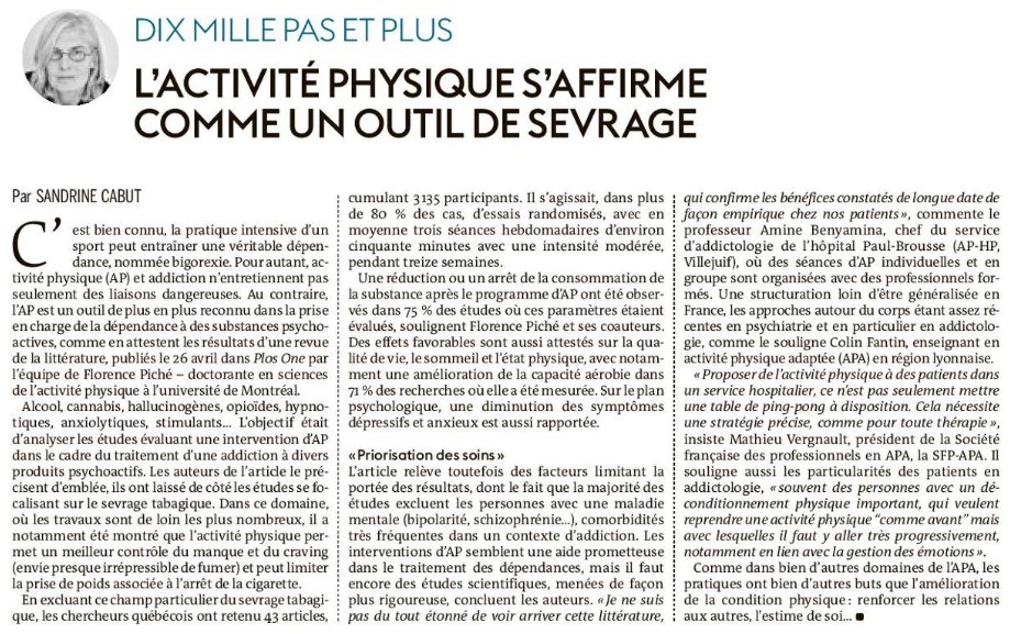 🟢 Des bienfaits de l'activité physique adaptée dans le cadre du traitement d'une addiction ⤵️

🗞️ <a href="/sandrine_cabut/">Sandrine Cabut</a> in <a href="/lemondefr/">Le Monde</a> 3/5/23