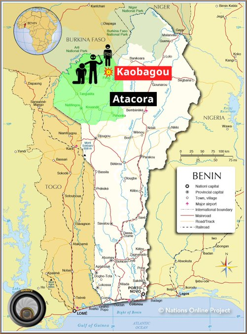 WamapsENG's tweet photo. #Benin 🇧🇯 | From 01 to 02/05, in #Kaobagou (north #Atacora), #JNIM terrorists attacked a farm in a hamlet.
🔴 7 men had their throats slit and 13 people were abducted for forced recruitment.
⚠️ The gunmen probably fled to #ParcW (#BurkinaFaso 🇧🇫). https://t.co/6XFSSuWcC6
