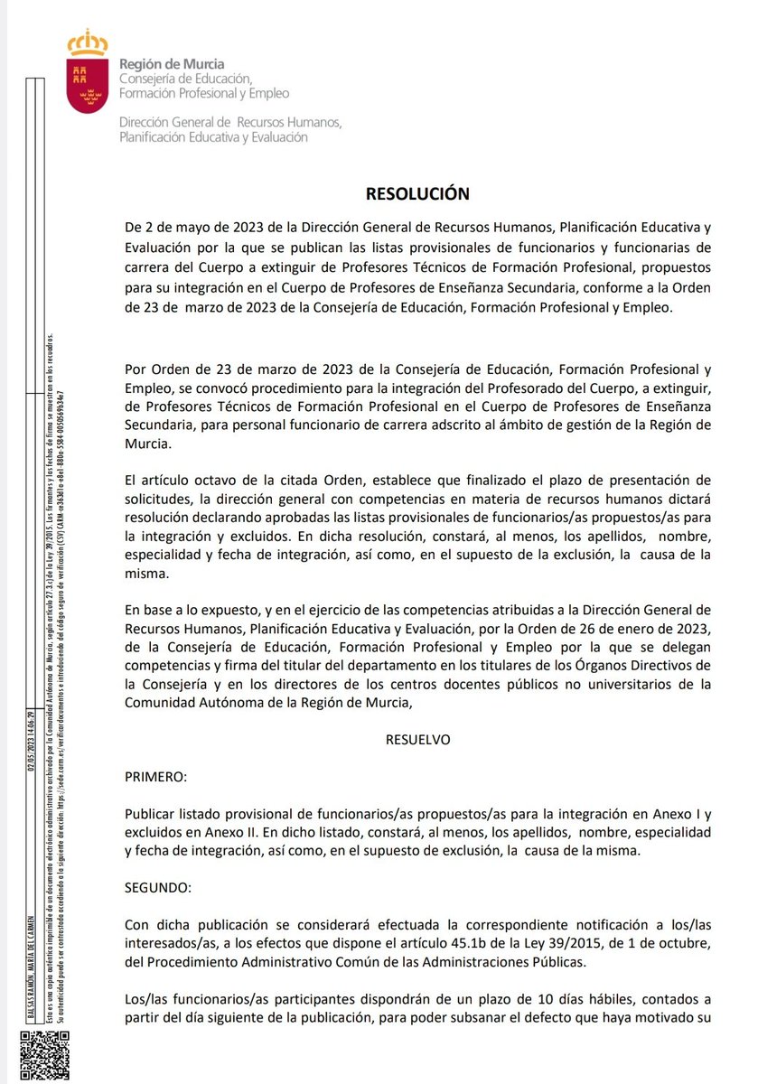 ProfesorJuanCar's tweet photo. @Educarm La resolución provisional de integración en el Cuerpo de Secundaria del Profesorado Técnico de Formación Profesional se puede consultar desde el siguiente enlace:
https://t.co/YNySIH87EB https://t.co/8J4f4B4FzB