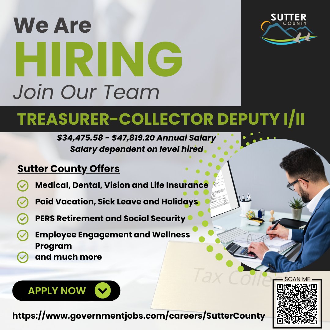 Join our team! Sutter County is recruiting for Treasurer-Collector Deputy I/II.   

Apply today at: governmentjobs.com/careers/sutter…  

#suttercounty #suttercountyhr #suttercountyjobs  #tax #taxcollector #taxcollectorjobs #employment #careeropportunity #applynow #employmentopportunity