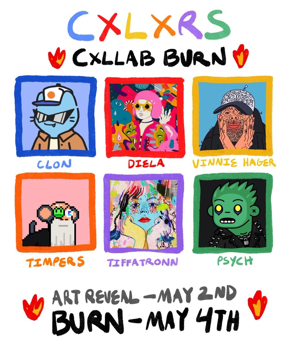 Excited to reveal the art for the CXLXRS CXLLAB burn, which opens May 4 at 9pm ET

Burning one of my CXLXRS = one of the CXLLAB CXLXRS

Each artist has 50 editions, so it’s first come, first burn.

Original CXLXRS here: opensea.io/collection/gxn…

🧵⬇️ to see the CXLLAB art