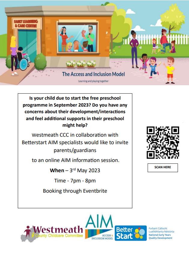 WestmeathCCC's tweet photo. Is your child due to start the free preschool programme in September 2023? Do you have any concerns about their development/interactions and feel additional supports in their preschool might help?  #AccessandInclusion #parentsinformation https://t.co/ouTja3t5oQ