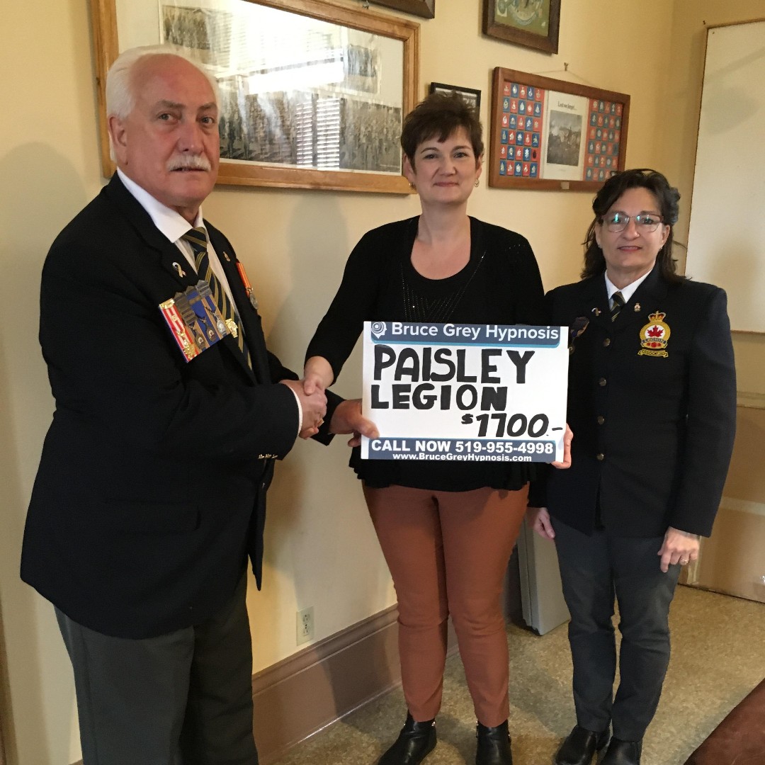 We turned over $1700 to the Paisley Legion, the proceeds from the  tickets to the Fun Hypnosis show.  I say we because without your help it would not have been possible. #hypnosisstageshow #weightloss #stopsmoking #managestress #bettersleep  #brucecounty #smalltownfridaynight