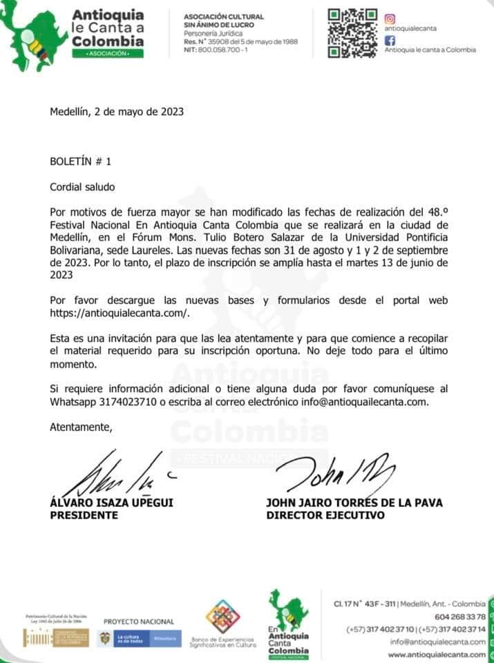 antioquialecant's tweet photo. El 48.° Festival Nacional En Antioquia Canta Colombia cambió de fecha https://t.co/KWn5SPsswy