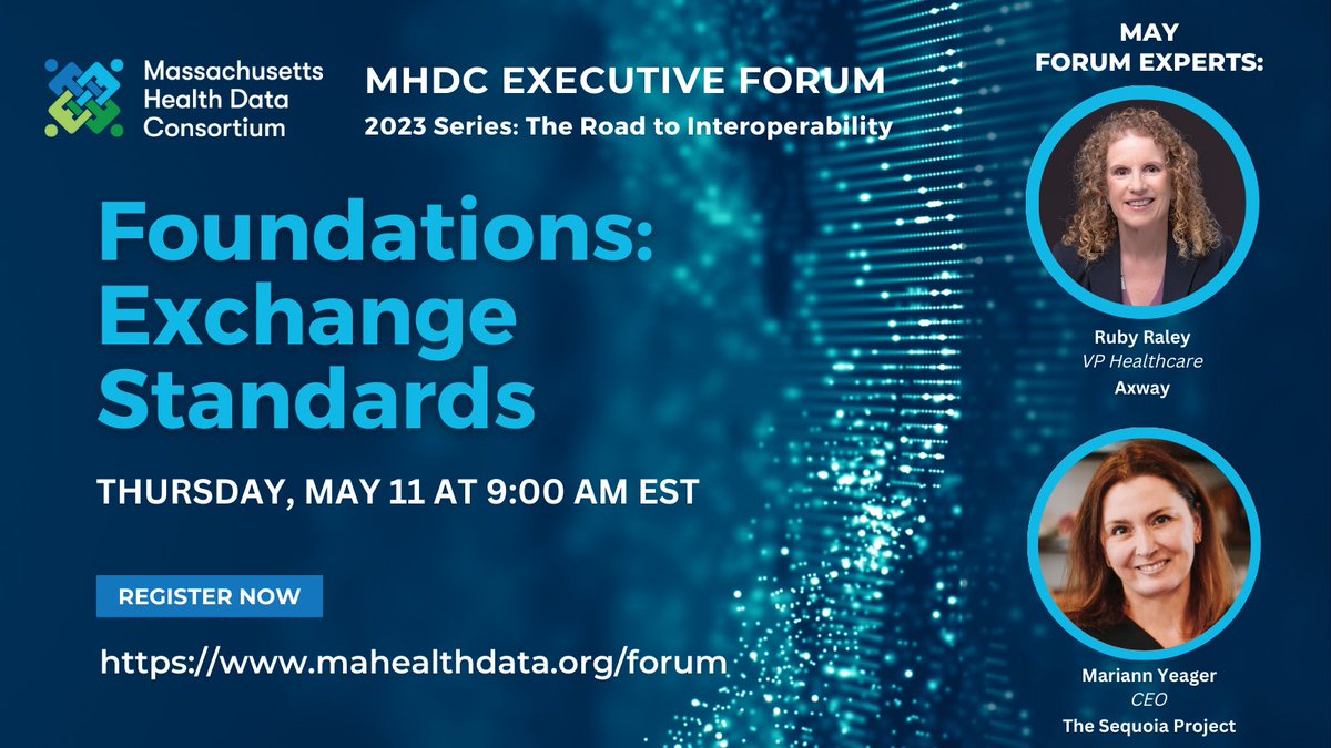 mahealthdata's tweet image. MAY 11 at 9AM ET is our next Forum on Interoperability: Join @ruby_raley (@Axway) & Mariann Yeager (@sequoiaproject) as we discuss regulations, industry standards, #equity, #patientexpereience and more on #interoperability #healthdata exchange standards. ow.ly/u5RI50NQGbl