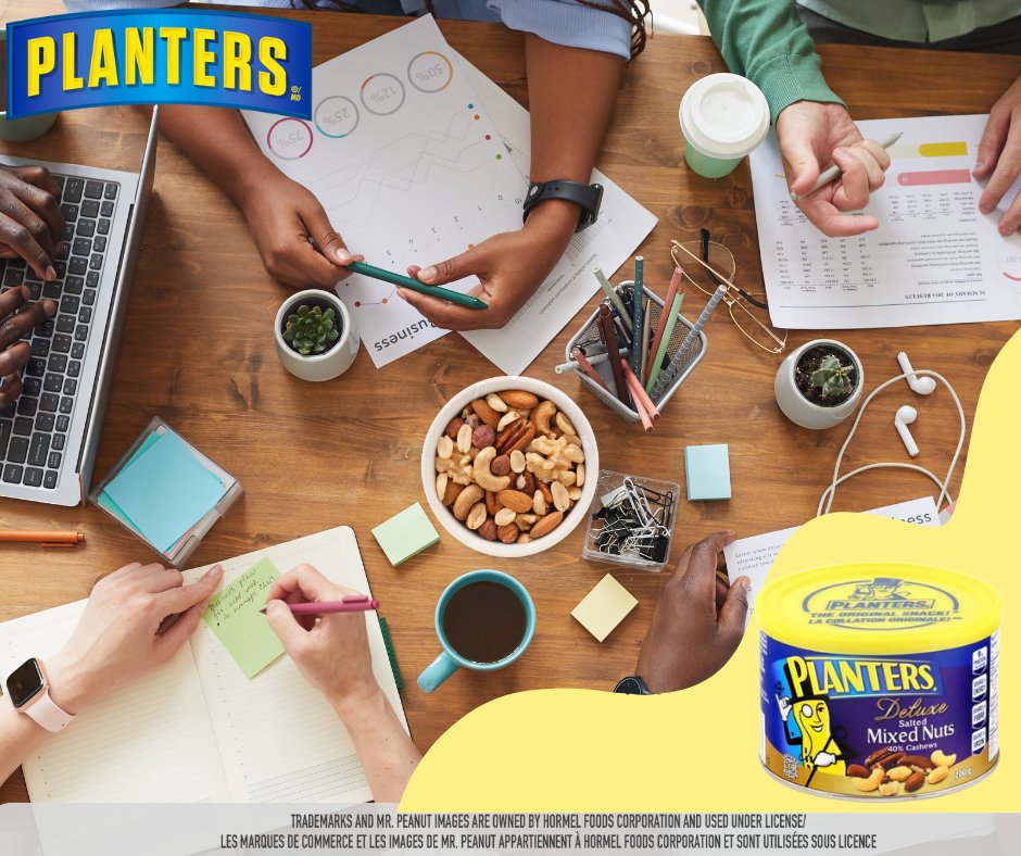 planterscanada's tweet photo. Who says meetings have to be boring? Make them nut-tastic with #PlantersMixednuts . Not only will theysatisfy your hunger, but their brain-boosting power will have you cracking the toughest work challenges in no time.#PlantersSnacks #PlantersCanada https://t.co/aACI7ShLFI