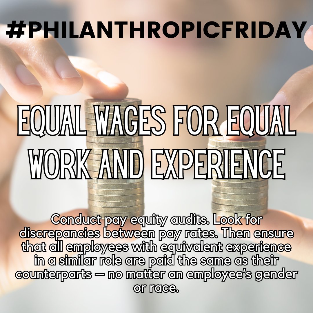 tinkingshop's tweet photo. Look for discrepancies between pay rates. Then ensure that all employees with equivalent experience in a similar role are paid the same as their counterparts – no matter an employee’s gender or race.
#tinkingshop
#philanthropicfriday
#equalwages
#paymentequality https://t.co/XTCs1PQhvd