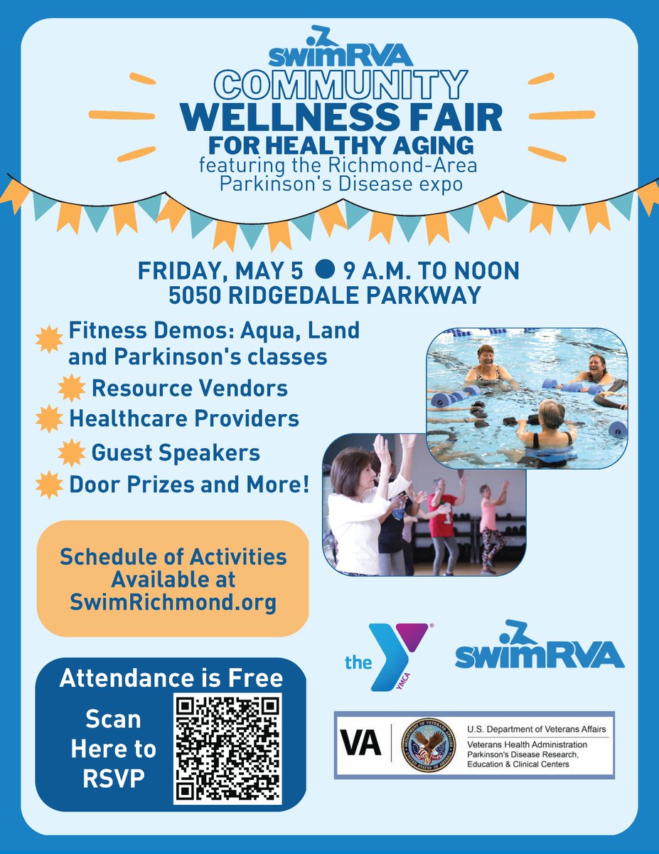SwimRVA's tweet photo. Join us this Friday for SwimRVA's Community Wellness Fair for Healthy Aging and Parkinson's Disease Expo!
Attendance is free and all people are welcome to attend!
#SwimRVA #SwimForIt #Water #Swimming https://t.co/FM60BrMu7X
