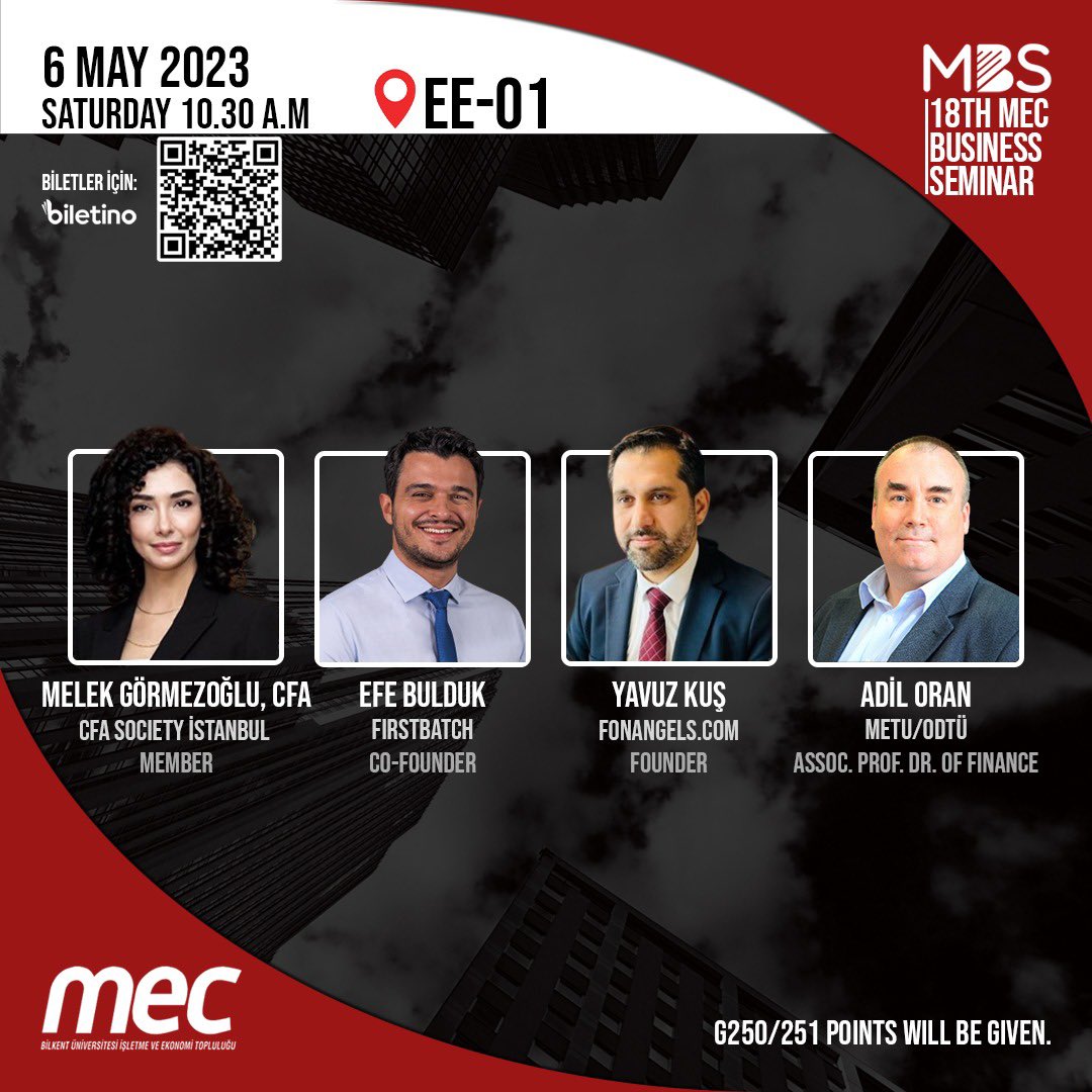 Finans alanında Türkiye'nin başarılı isimlerini ağırlayacağımız 18. MEC Business Seminar etkinliğimizde seni de aramızda görmek istiyoruz. 6 Mayıs Cumartesi günü saat 10:00-14:30 arasında yapacağımız etkinliğin biletlerine aşağıdaki linkten ulaşabilirsin!
biletino.com/tr/e-mr5/18-me…