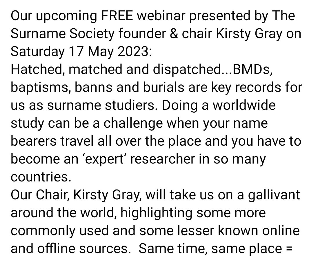 surnamesoc's tweet photo. Saturday 17th May 4pm BST
Our chair, @TheKirstyGray, will be leading a talk on BMD records around the globe!
Free to all!
Zoom link > https://t.co/i7dr5fmFMJ
#SurnameStudies #SurnameStudy #Genealogy @surnamesoc_ #FamilyHistory #Ancestry #NameStudy #AncestryHour https://t.co/8sqfiytDEb