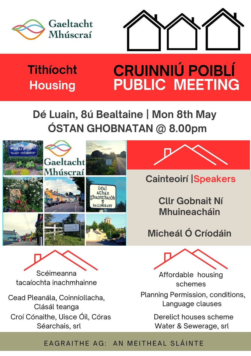 Tithíocht:  Cad atá i ndán dúinn i nGaeltacht Mhúscraí?    Ní bheidh na freagraí go léir againn ar an oíche, déarfainn. HOUSING:  What is our future?  We will not have all the answers on the night but we would like to share and discuss what we know <a href="/saolodheas/">Saol ó Dheas RnaG</a> @naomhabanGAA