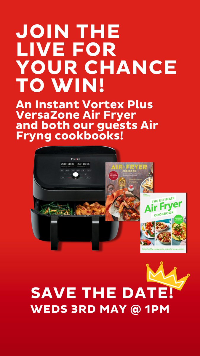 Join us tomorrow for a live cook-along on Instagram with the Air Frying Queens!👑 <a href="/jennytschiesche/">Jenny Tschiesche</a> and <a href="/AirFryerUk/">Clare Andrews, Cookbook Author</a> Where they'll be showcasing their mouth-watering recipes. Follow us on Instagram and get your air fryer ready for a tasty treat and for a chance to win! #airfrying