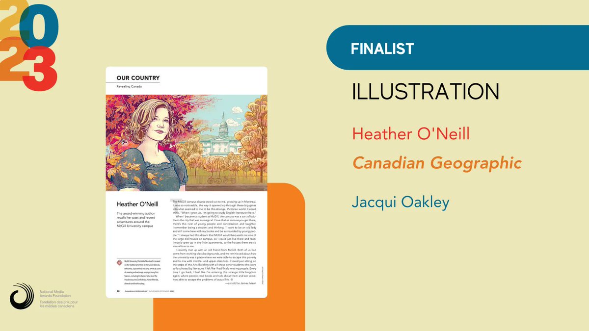 Congrats <a href="/JacquiOakley/">Jacqui Oakley</a>! Jacquis illustration of <a href="/lethal_heroine/">Heather O'Neill</a> ("Heather O’Neil") was published in @cangeo it's a finalist for the #NMA23 Illustration award! buff.ly/3NmSeQa